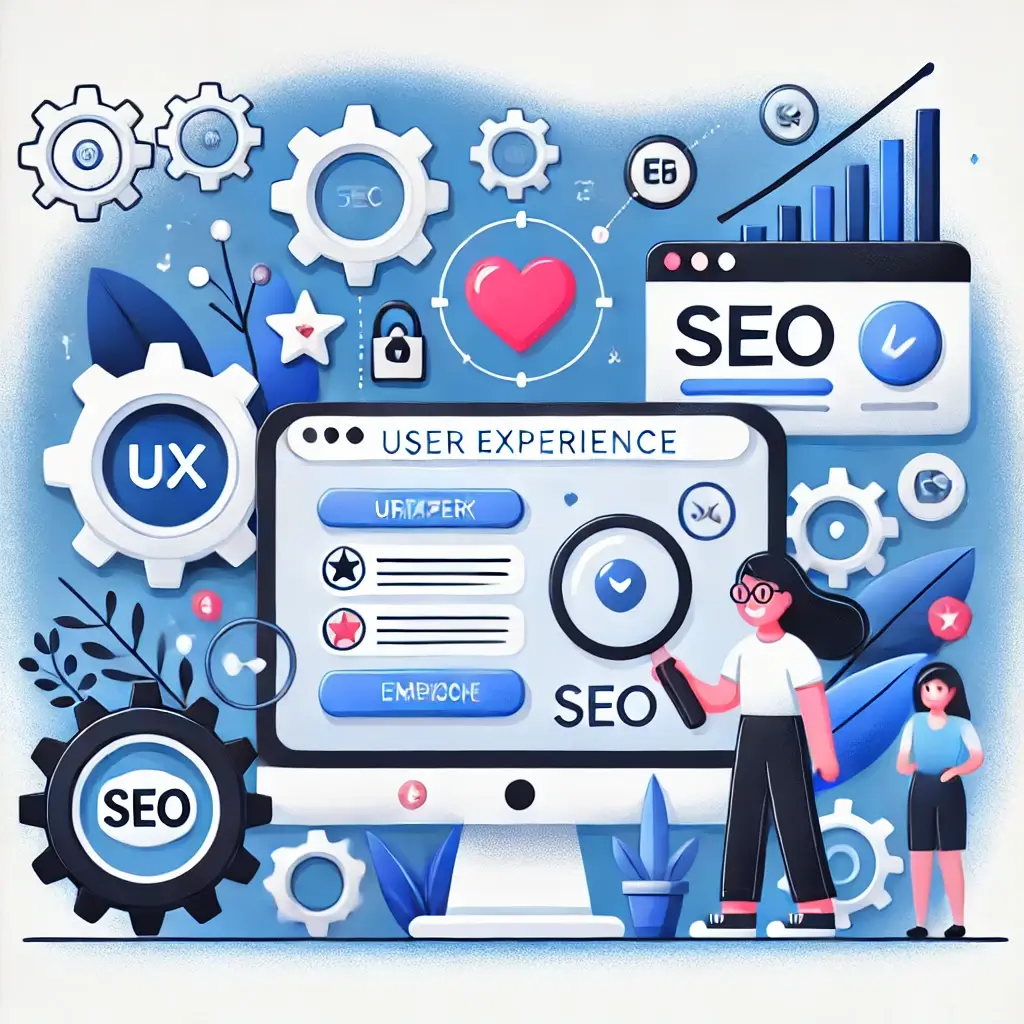 Dall·e 2024 09 11 17. 40. 29 an image representing user experience ux within the context of seo search engine optimization. In this image a user character is interacting with 1