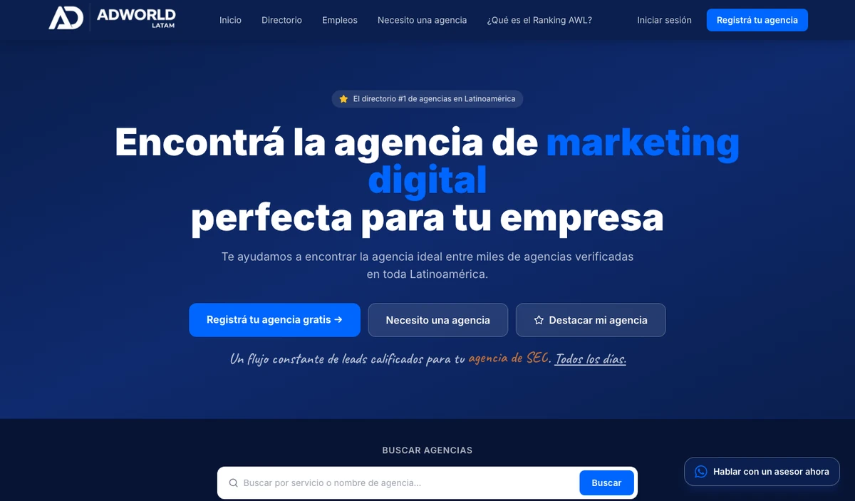 Mejores directorios de agencias de marketing digital en Latinoamérica: top 5 para buscar por país y servicio post1 adworldlatam Página de inicio de adworld latam, directorio de agencias de marketing digital en latinoamérica