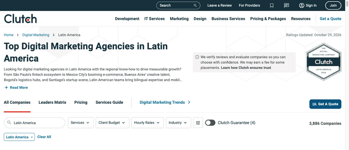 Mejores directorios de agencias de marketing digital en Latinoamérica: top 5 para buscar por país y servicio post1 clutch latam Top de agencias de marketing digital en latinoamérica según clutch