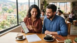 Dos emprendedores consultan en una tableta directorios de agencias de marketing digital por ciudad